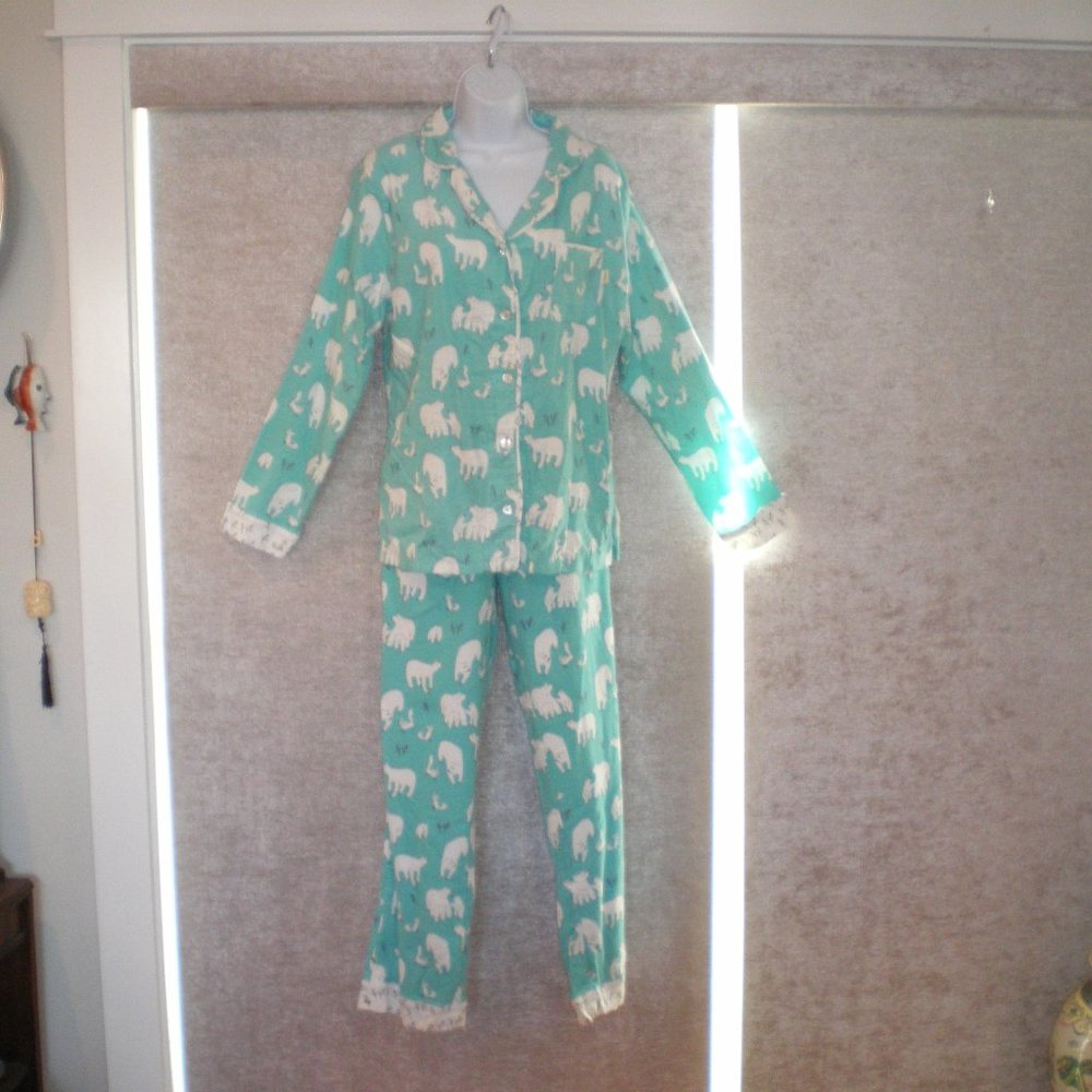 Very Soft Munki Munki Turquoise/White Polar Bear Flannel Pajamas Sz Large